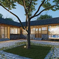 Chinese Style Guesthouse Building With Courtyard Tree Lawn Traditional Tile Roof Wooden Structure Glass Windows