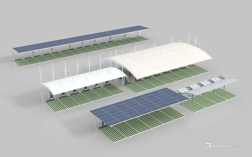 Modern Outdoor Solar Canopies With White And Blue Design For Parking Area 3d model 