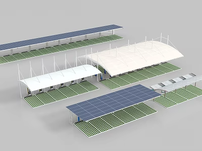 Modern Outdoor Solar Canopies With White And Blue Design For Parking Area 3d model
