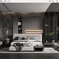 Modern Bedroom Interior With Upholstered Headboard Bed Area Rug Armchair And Large Window