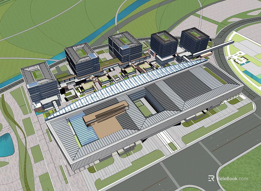 Modern Architectural Complex Design With Multiple Buildings Green Spaces Roads And Water Features 3d model