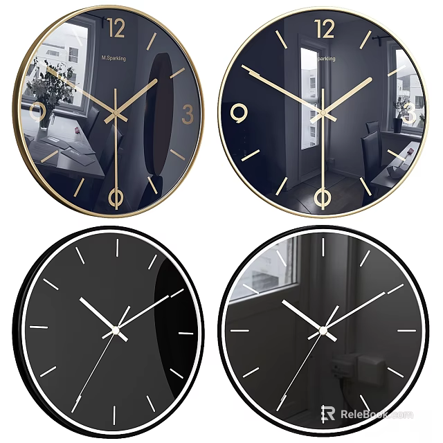 Stylish Modern Wall Clocks With Black Dial And Gold Accent Design 3d model 