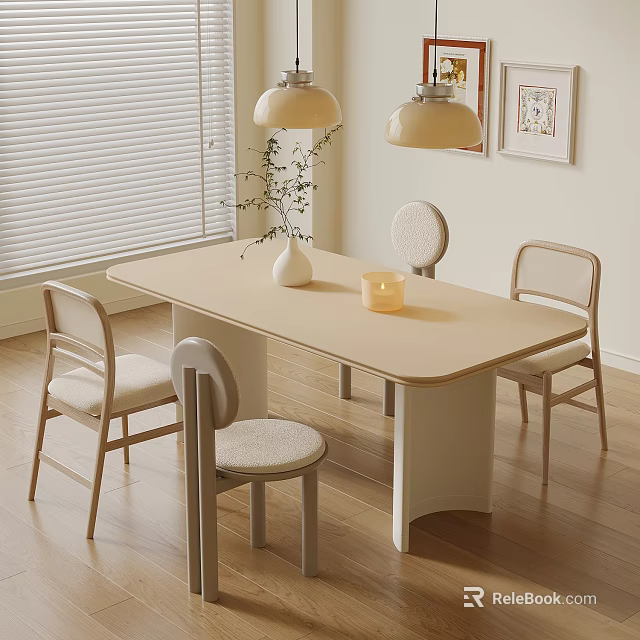 Cozy Light Colored Dining Table Set With Chairs White Vase Candle Blinds And Pendant Lights 3d model 