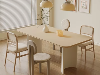 Cozy Light Colored Dining Table Set With Chairs White Vase Candle Blinds And Pendant Lights 3d model
