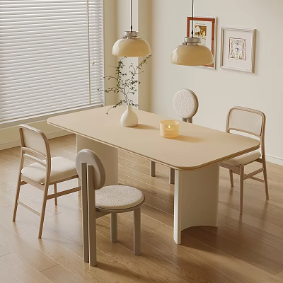 Cozy Light Colored Dining Table Set With Chairs White Vase Candle Blinds And Pendant Lights 3d model