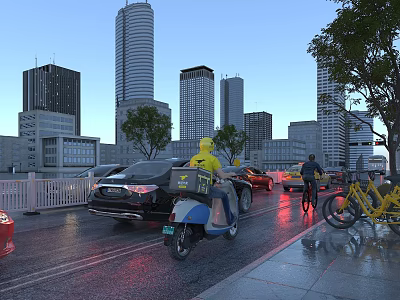 Man Riding Scooter On Busy City Street At Rush Hour 3d model