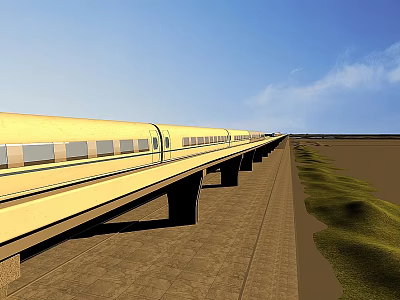 High speed train moving on elevated track through open landscape under clear blue sky 3d model