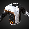 Black White Orange Jacket With Championed Something Text Design And Striped Pattern 3d model