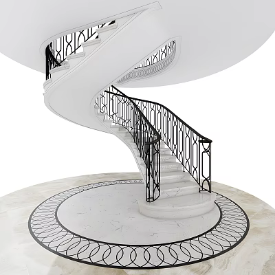 Elegant Spiral Staircase Featuring White Steps Black Wrought Iron Railings On Circular Marble Floor 3d model