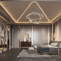 Elegant Modern Bedroom Interior With Crystal Chandelier Upholstered Headboard And Wall Sconces