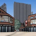 Modern Commercial Street With Glass Facades Pedestrian Walkways And Green Landscaping