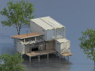 Sustainable Container House On Stilts With Glass Windows Wooden Deck And Trees 3d model