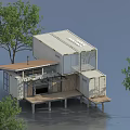 Sustainable Container House On Stilts With Glass Windows Wooden Deck And Trees