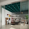 Modern Office Interior Design With Teal Ceiling White Walls Shelves Wooden Desk And Potted Plant