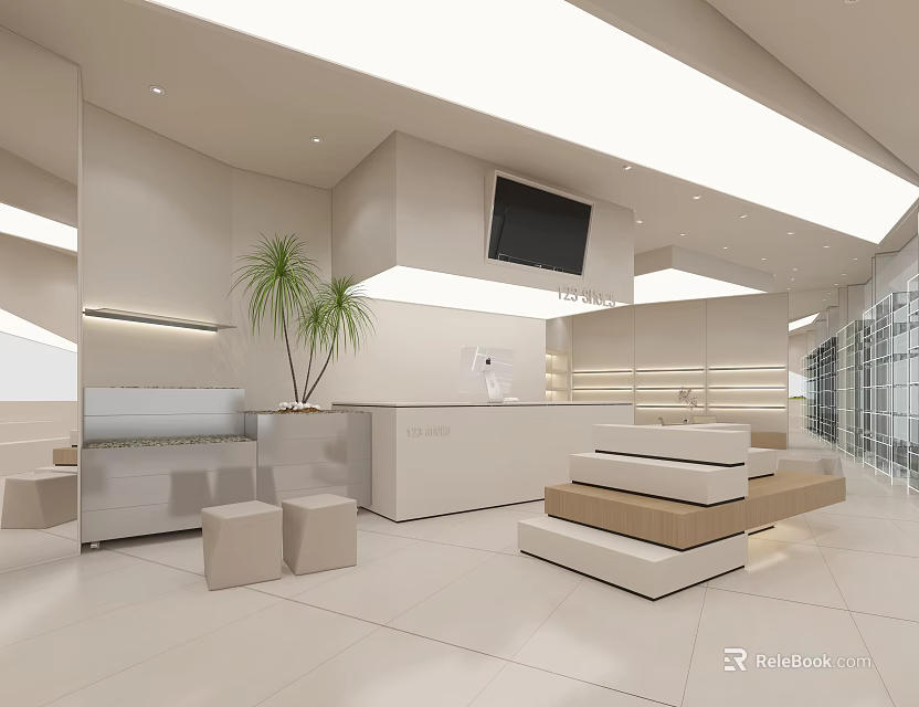 Modern Open Kitchen Specialty Store Interior With Island Counter And Cabinets 3d model 
