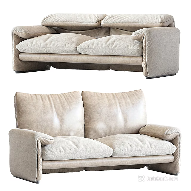 Modern Beige Upholstered Two Seater Sofa With Plush Cushions For Living Room 3d model 
