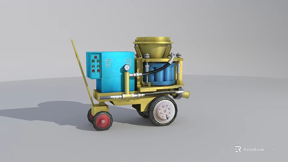 Mobile Industrial Equipment With Blue Control Panel Yellow Hopper Connected Pipes And Red White Wheels 3d model 