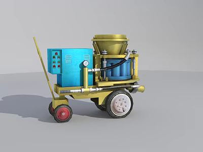 Mobile Industrial Equipment With Blue Control Panel Yellow Hopper Connected Pipes And Red White Wheels 3d model