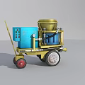 Mobile Industrial Equipment With Blue Control Panel Yellow Hopper Connected Pipes And Red White Wheels