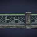 Green Railing With Diamond Pattern Decorative Stone Base And Stone Pillar Design Structure 3d model