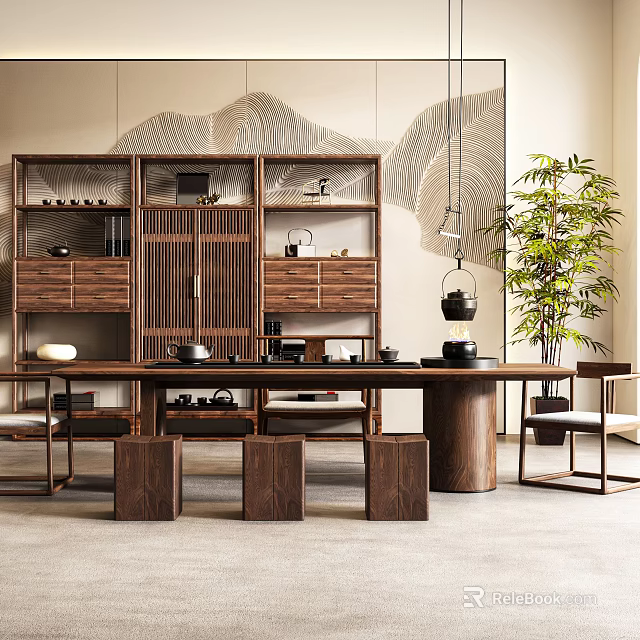 Natural Interior Wooden Tea Table with Stools Cabinet Tea Sets Hanging Lamp and Green Plant 3d model 