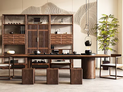 Natural Interior Wooden Tea Table with Stools Cabinet Tea Sets Hanging Lamp and Green Plant 3d model