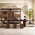 Natural Interior Wooden Tea Table with Stools Cabinet Tea Sets Hanging Lamp and Green Plant