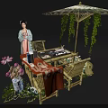 Ancient Chinese Scene With Bamboo Furniture Tea Set Vine Umbrella And Floral Decor