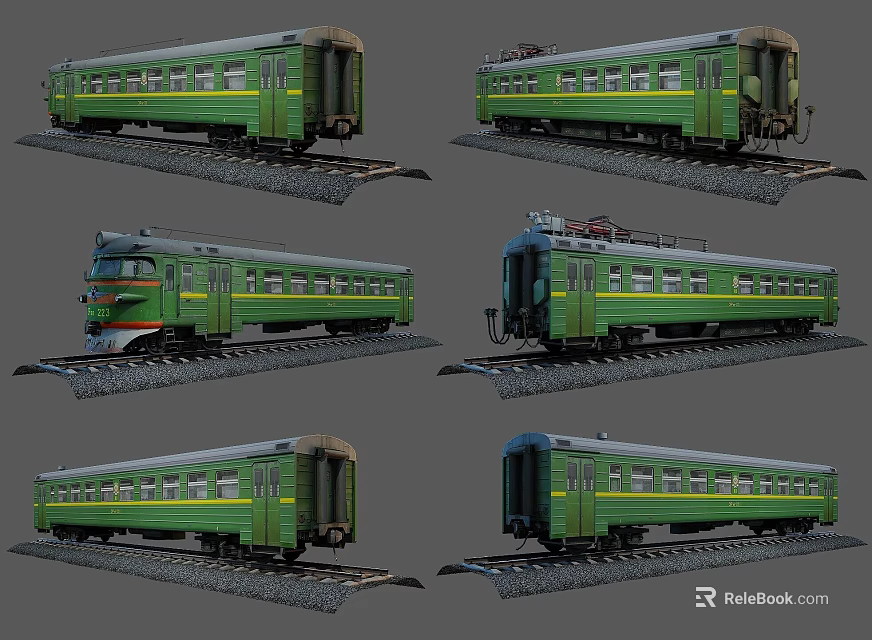 Green Classic Trains Shown From Various Angles On Railway Tracks 3d model 