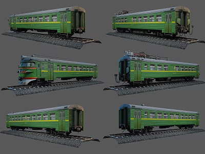 Green Classic Trains Shown From Various Angles On Railway Tracks 3d model