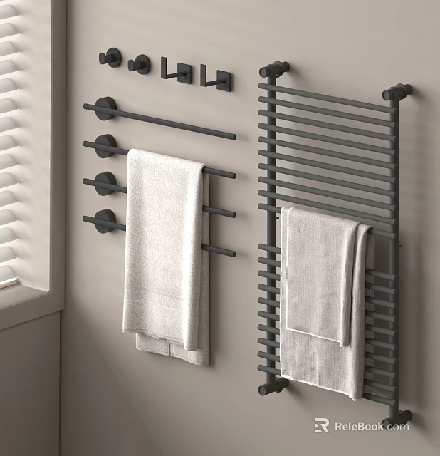 White Towels Hanging on Black Bathroom Towel Racks and Rails with Window Blinds 3d model 