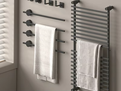 White Towels Hanging on Black Bathroom Towel Racks and Rails with Window Blinds 3d model