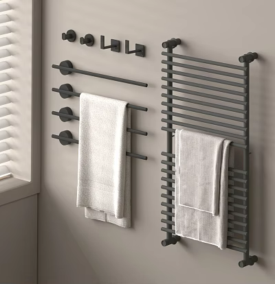 White Towels Hanging on Black Bathroom Towel Racks and Rails with Window Blinds 3d model