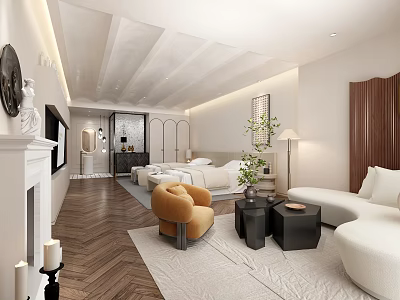 Modern Hotel Room Interior With King Bed Sofa Armchair Coffee Table And Area Rug 3d model