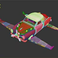 Red Car Airplane Hybrid Model with Blue Yellow Wings and Propeller Decoration on Reflective Surface