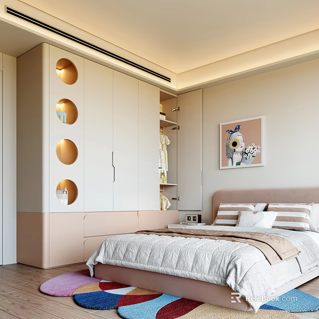 Cozy Kids Room Interior With Pink Bed Circular Cutout Wardrobe And Decorative Art 3d model 