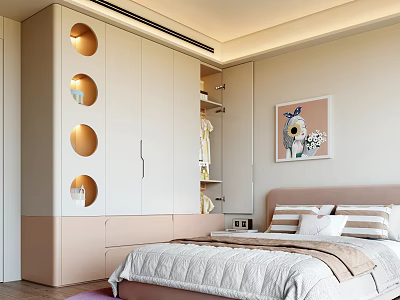 Cozy Kids Room Interior With Pink Bed Circular Cutout Wardrobe And Decorative Art 3d model