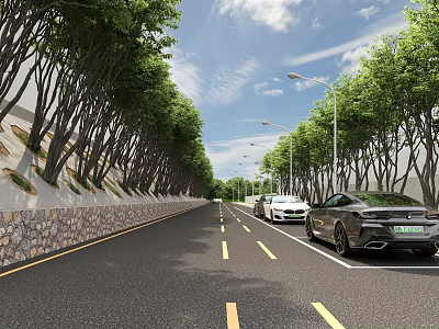 Road Facilities Featuring Lane Lines Street Lamps Stone Walls Trees and Parked Cars Alongside 3d model