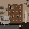 Wooden Room Divider With Circular Cutouts And Shelves Holding Decorative Items And Potted Plant