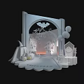 Halloween Themed Decoration Scene With Trick Or Treat Sign Pumpkin Lanterns And Ghost Balloons