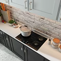 Modern Kitchen With Gray Upper And Black Lower Cabinets Brick Backsplash Sink And Stove