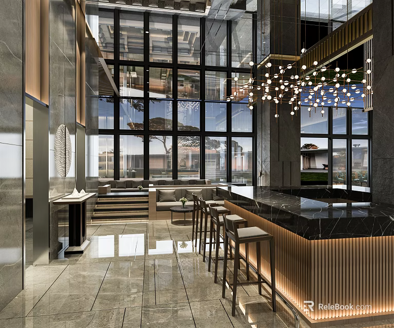 Modern Cafe Interior Design With Large Windows Bar Counter Bar Stools And Chandelier 3d model 