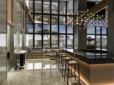 Modern Cafe Interior Design With Large Windows Bar Counter Bar Stools And Chandelier 3d model