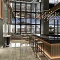 Modern Cafe Interior Design With Large Windows Bar Counter Bar Stools And Chandelier