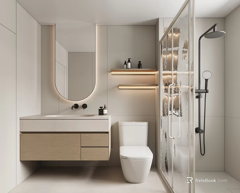 Modern Bathroom Interior Design With Round Mirror Vanity Toilet And Glass Shower Area 3d model 
