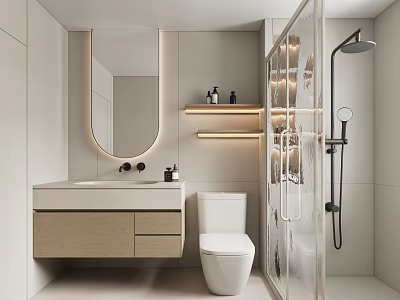 Modern Bathroom Interior Design With Round Mirror Vanity Toilet And Glass Shower Area 3d model