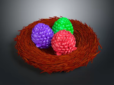 Household Decorative Three Colorful Spherical Balls with Bumpy Texture in Brown Nest 3d model