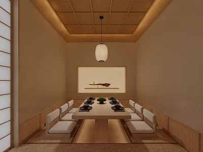 Japanese Style Private Room with Long Dining Table White Chairs Decorative Painting and Wooden Ceiling 3d model