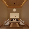 Japanese Style Private Room with Long Dining Table White Chairs Decorative Painting and Wooden Ceiling