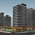 Modern Apartment Building Exterior With Glass Curtain Wall And Wooden Entrance